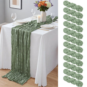 Yemosa sage green cheesecloth table runner in 10ft length for versatile wedding decor.
