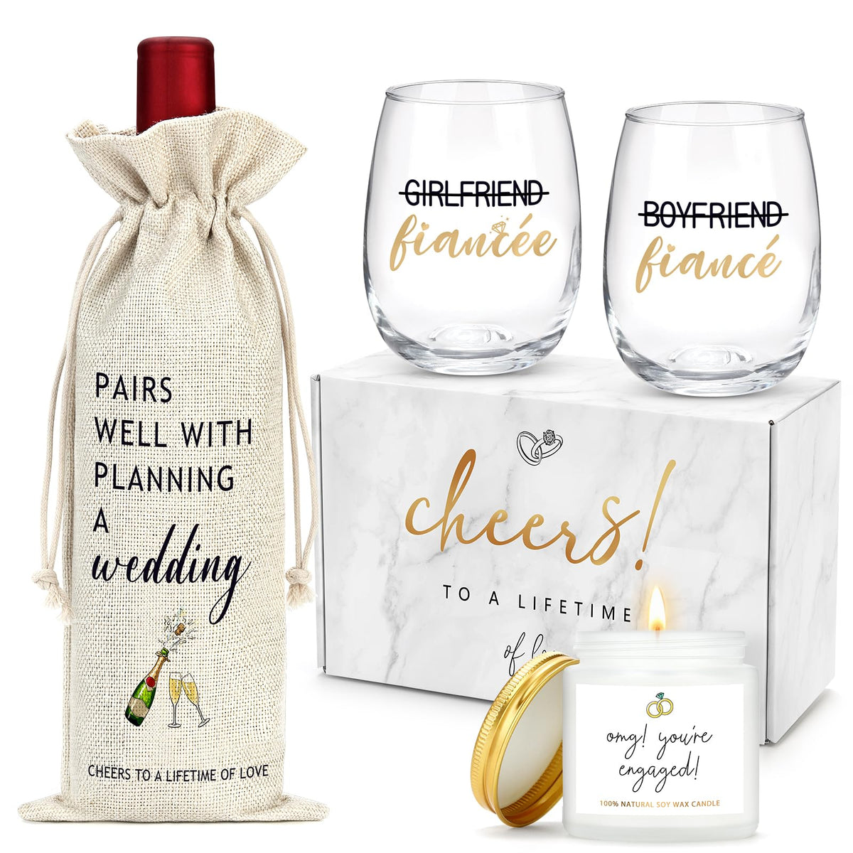 YENCHORN engagement wine glasses two-pack with gold ink for elegant toasts.