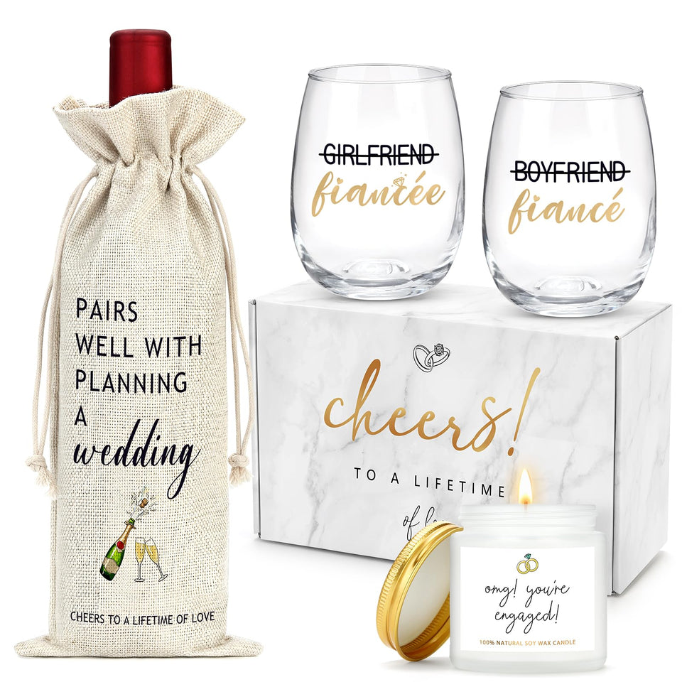 YENCHORN engagement wine glasses two-pack with gold ink for elegant toasts.