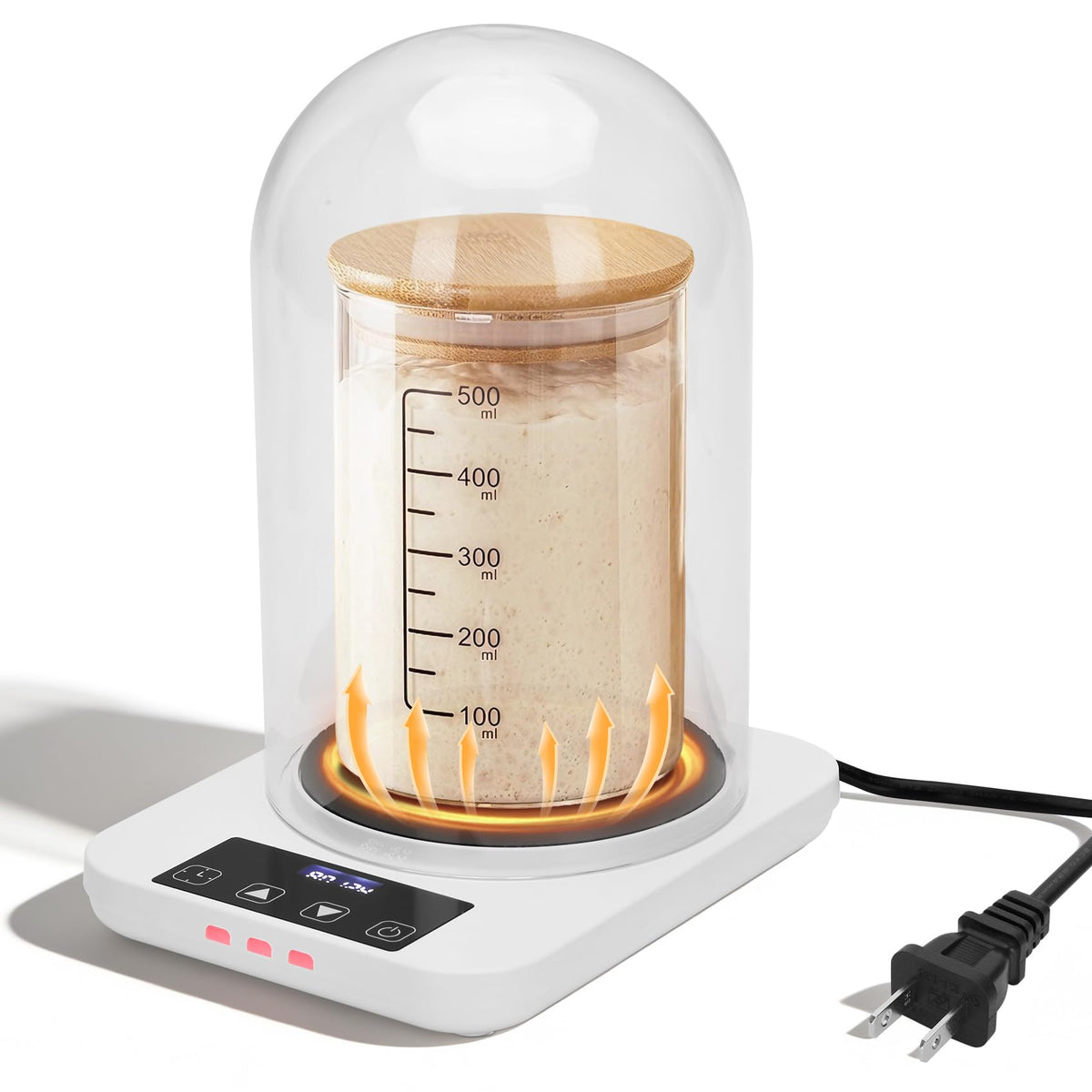 Yendse sourdough warmer with glass dome maintains steady fermentation temperatures.