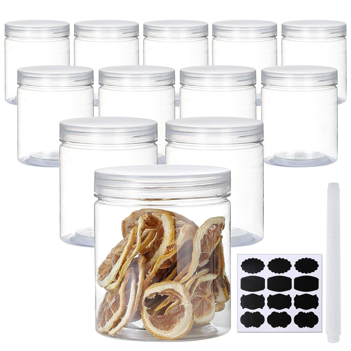 Yephets 16oz clear plastic jar with lid for organized storage and labeling.