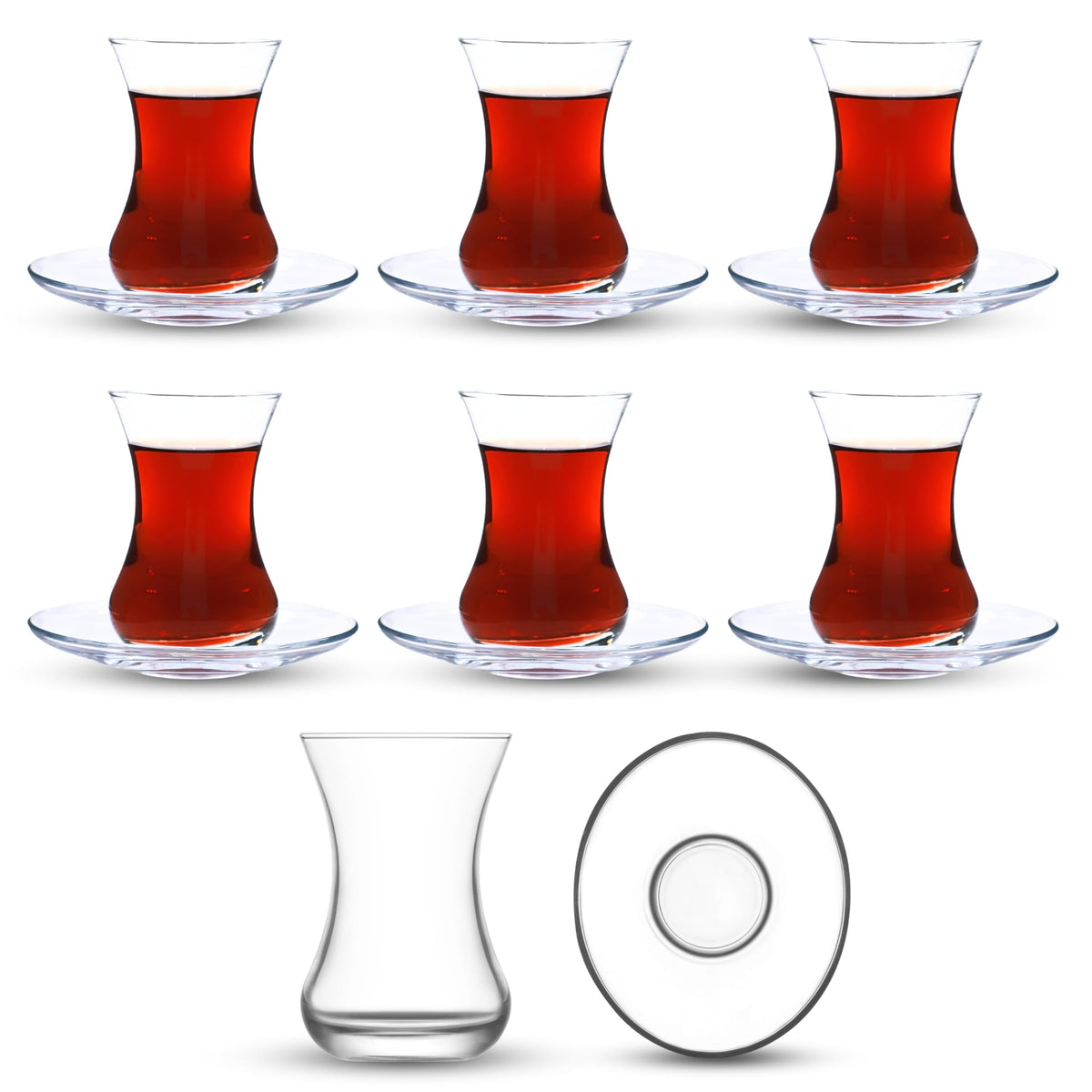 yersiz glassware shows six glasses with elliptical saucers for coordinated use
