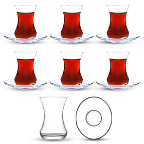 yersiz glassware shows six glasses with elliptical saucers for coordinated use
