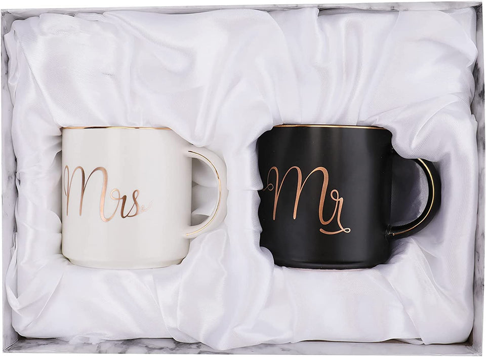 Yesland Mr and Mrs mug set in black and white, ideal couple gift.