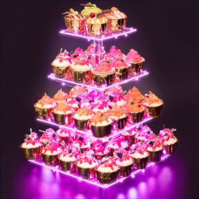 YestBuy acrylic cupcake stand with four tiers and pink LED lights for elegant parties.