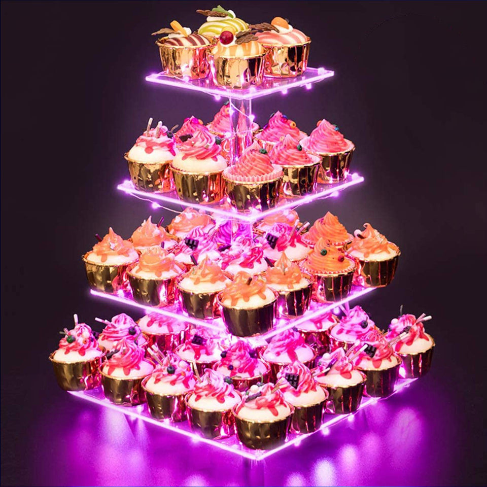 YestBuy acrylic cupcake stand with four tiers and pink LED lights for elegant parties.