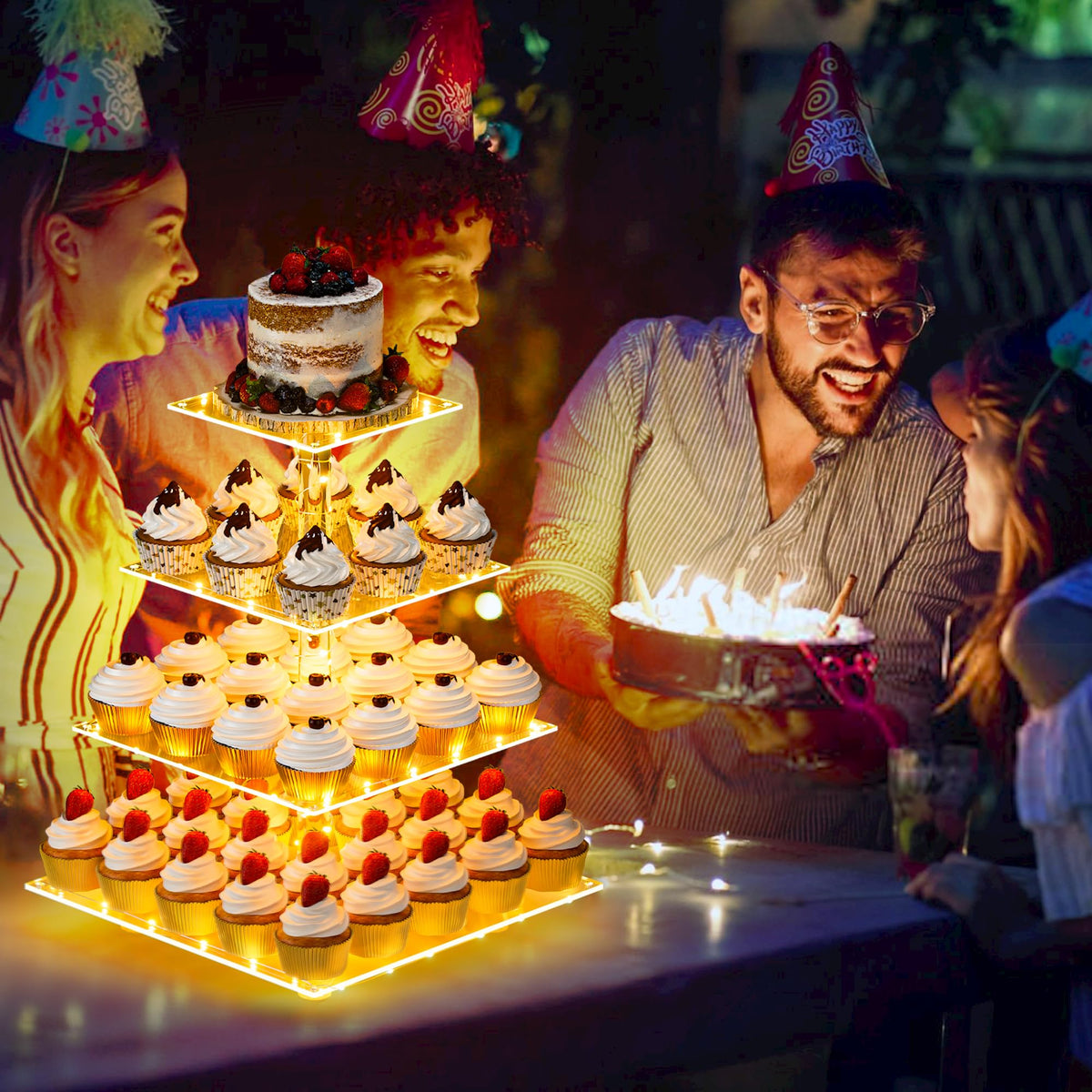 YestBuy acrylic tower dessert display showcasing cupcakes with crystal-clear visibility.