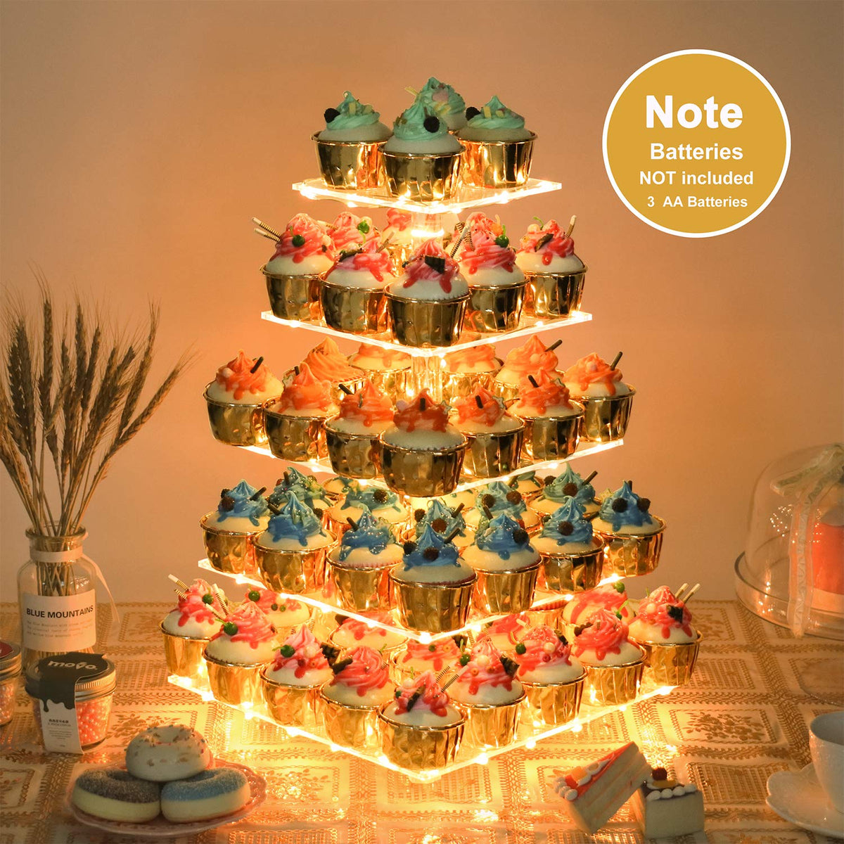 YestBuy clear acrylic tiers showcase cupcakes with a modern, sturdy presentation.