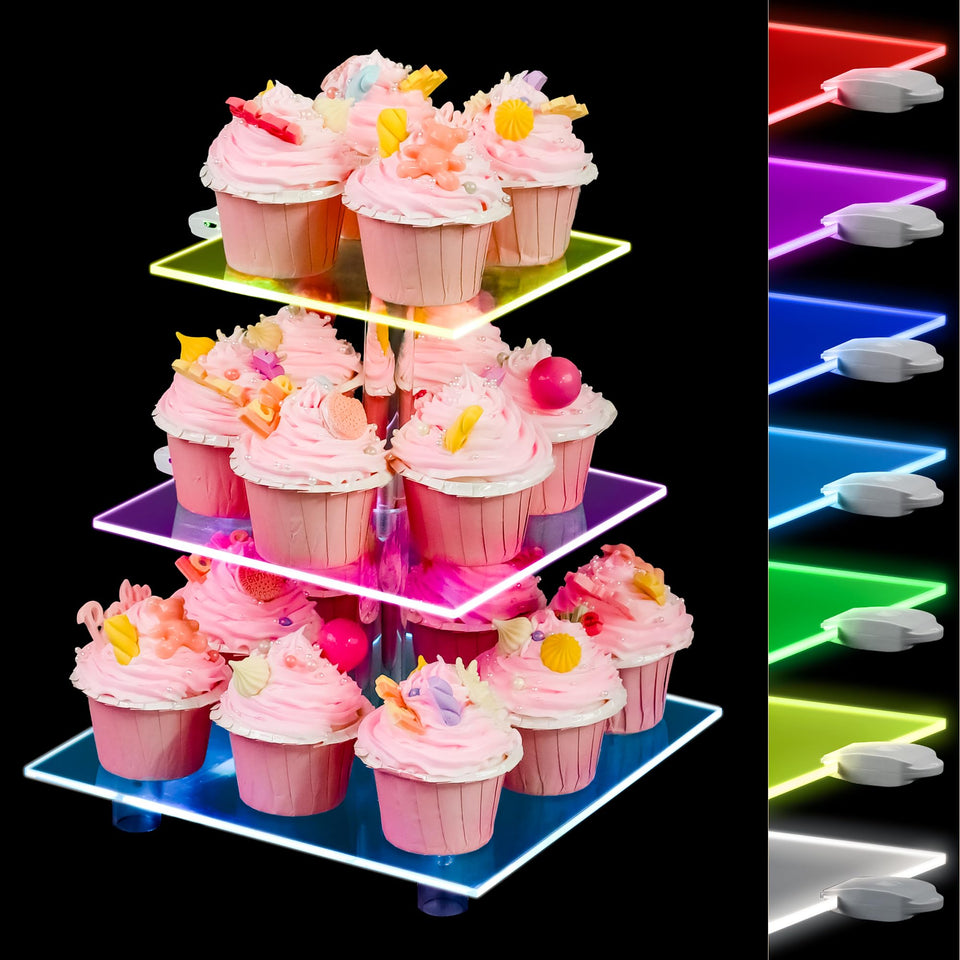 YestBuy Cupcake Stand 3-Tier with LED lights, assembled for a striking centerpiece.