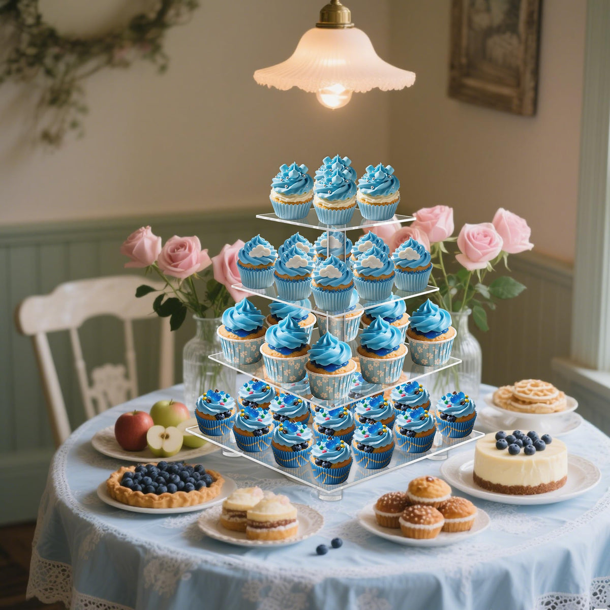 YestBuy wedding display with a clear acrylic stand highlights desserts.