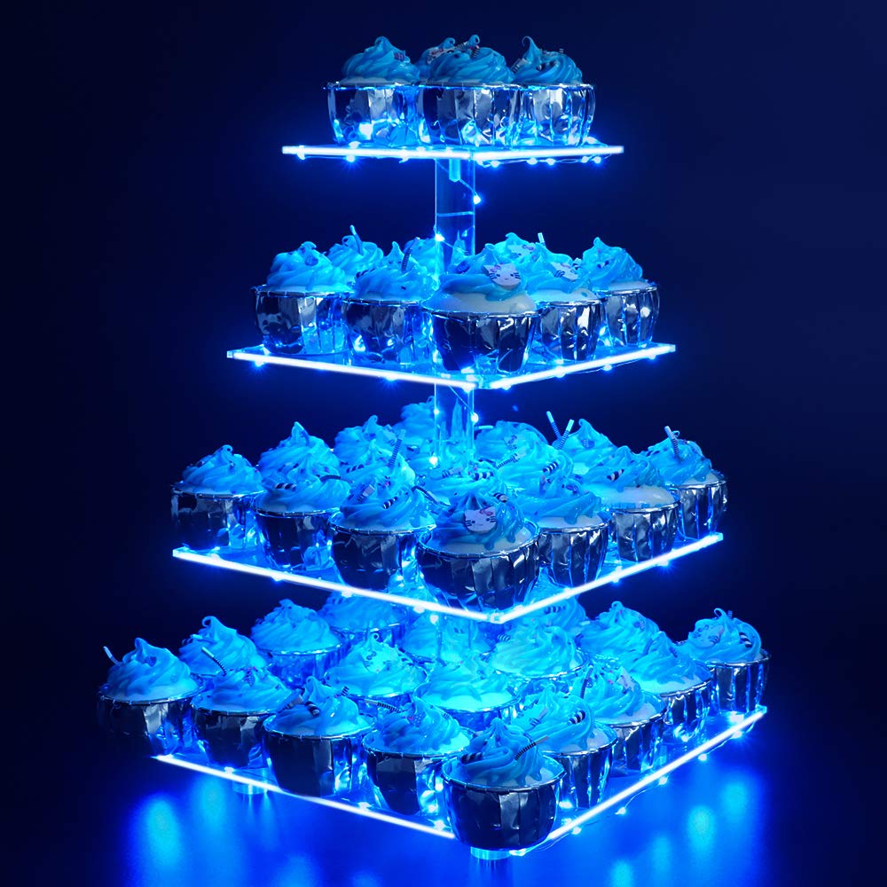YestBuy four-tier acrylic cupcake stand with blue LED light enhances wedding dessert displays.
