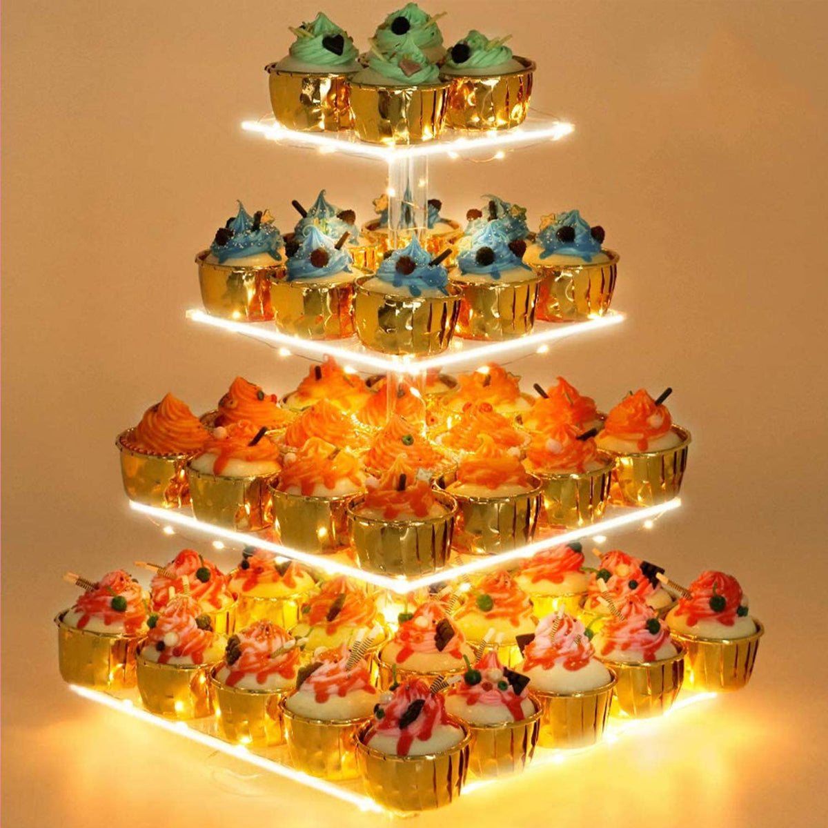 YestBuy four-tier cupcake stand with LED light for elegant dessert displays.