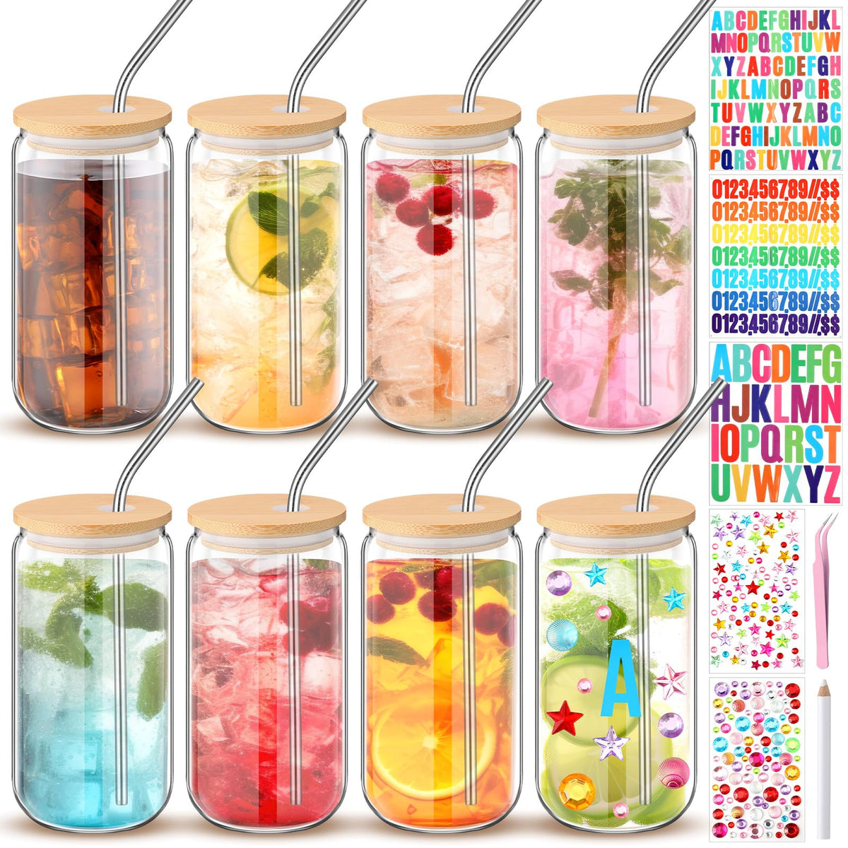 Yetene 8-piece clear mason jar cups with lids and straws for durable, spill-resistant serving.
