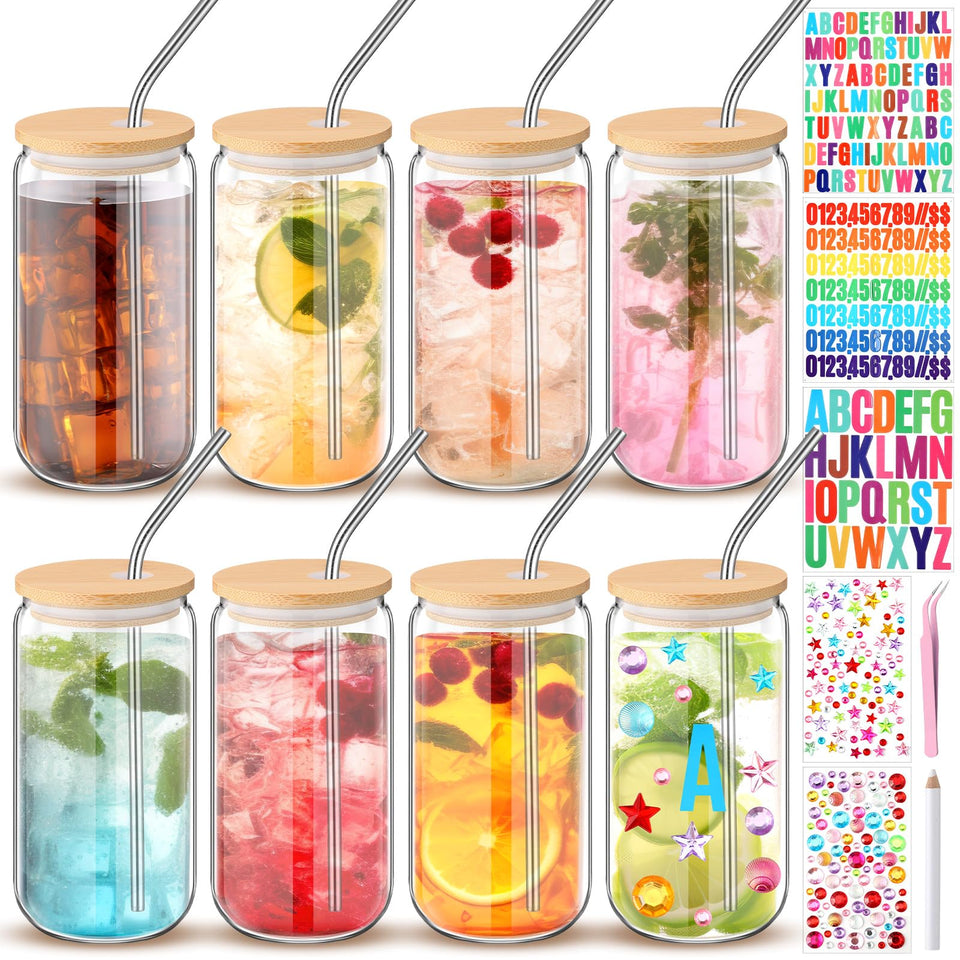 Yetene 8-piece clear mason jar cups with lids and straws for durable, spill-resistant serving.