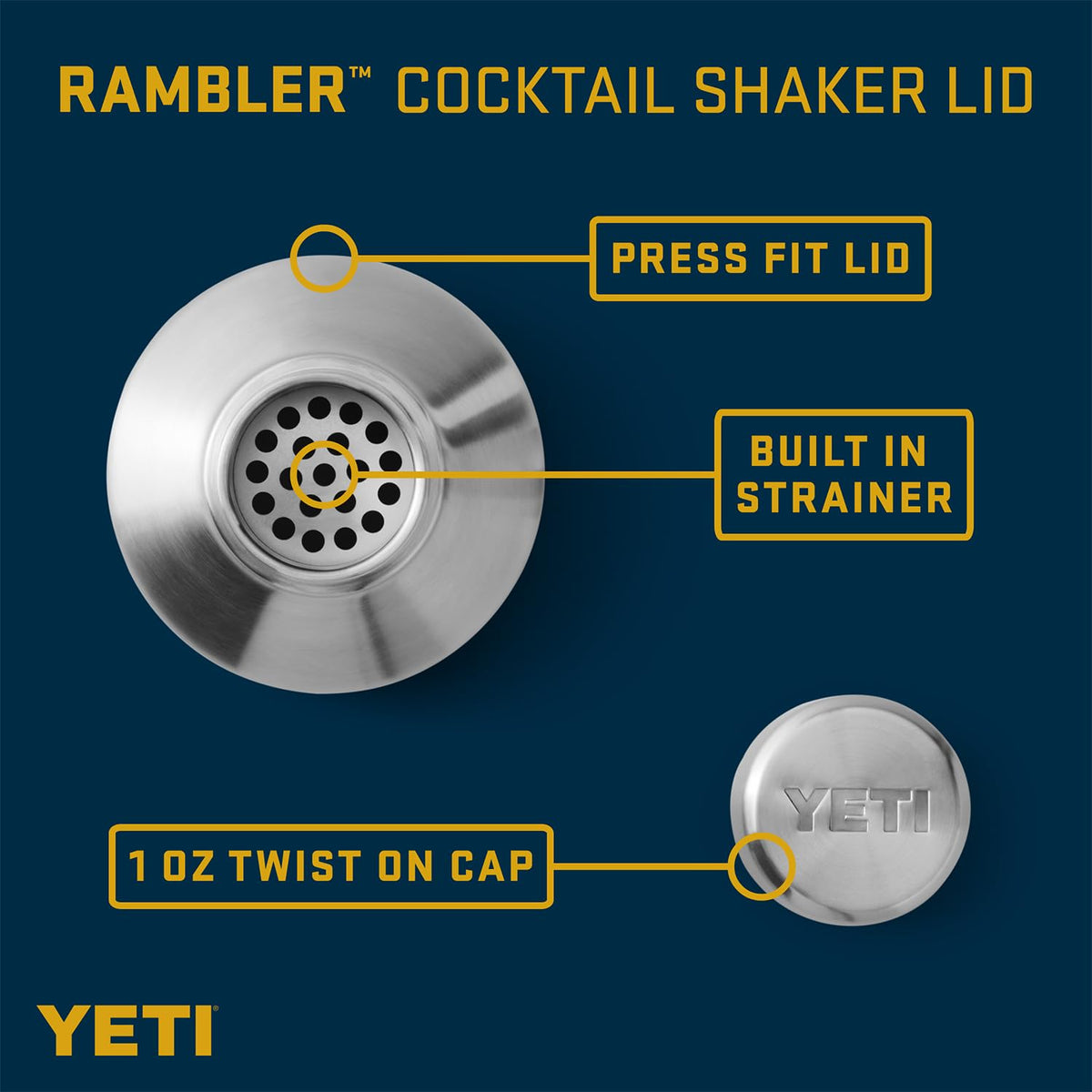 YETI shaker lid on Rambler 20oz stackable cup, leak-resistant design.