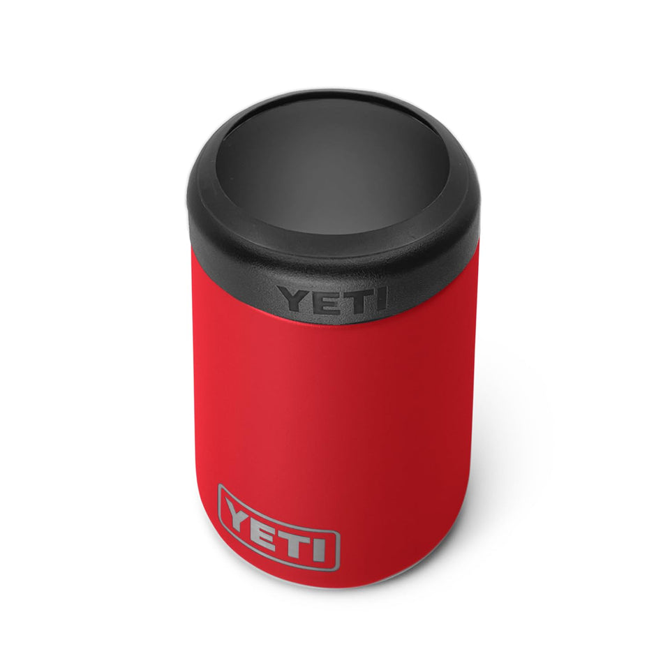 YETI Colster 12oz front view in Rescue Red keeps drinks cold outdoors.