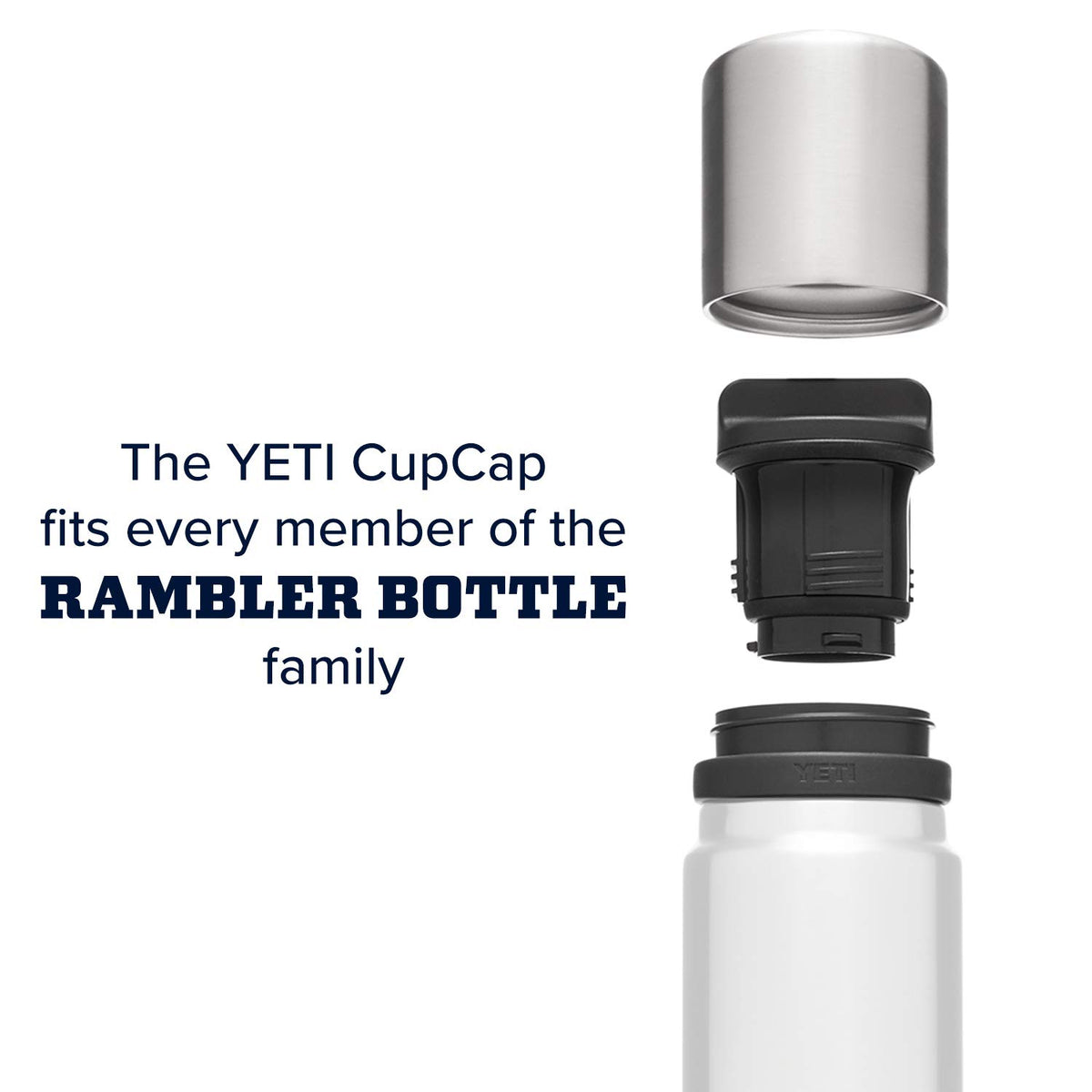 YETI Cup Cap Accessory shows 18-8 stainless steel construction for durability.