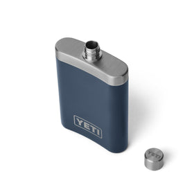 YETI 7 oz navy flask front view, compact and portable.