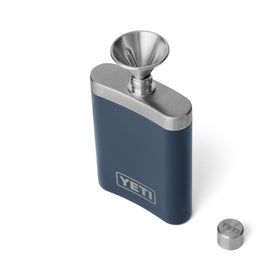 YETI 7 oz navy stainless steel close-up showing durable steel texture.