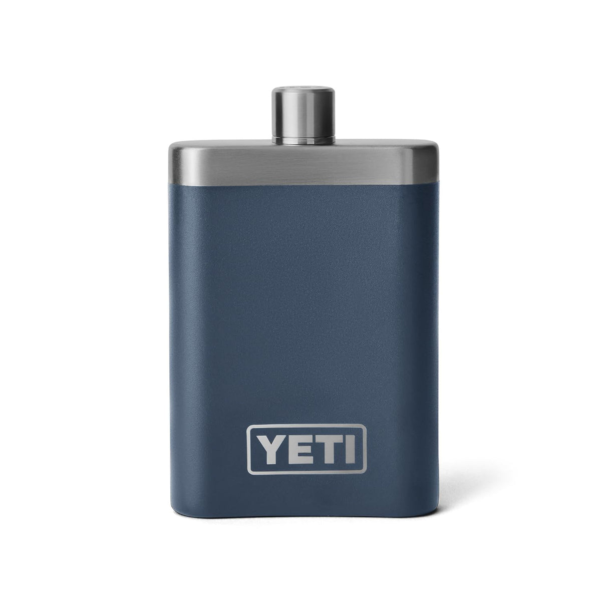 YETI 7 oz navy flask with funnel for mess-free filling.
