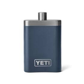 YETI 7 oz navy flask with funnel for mess-free filling.