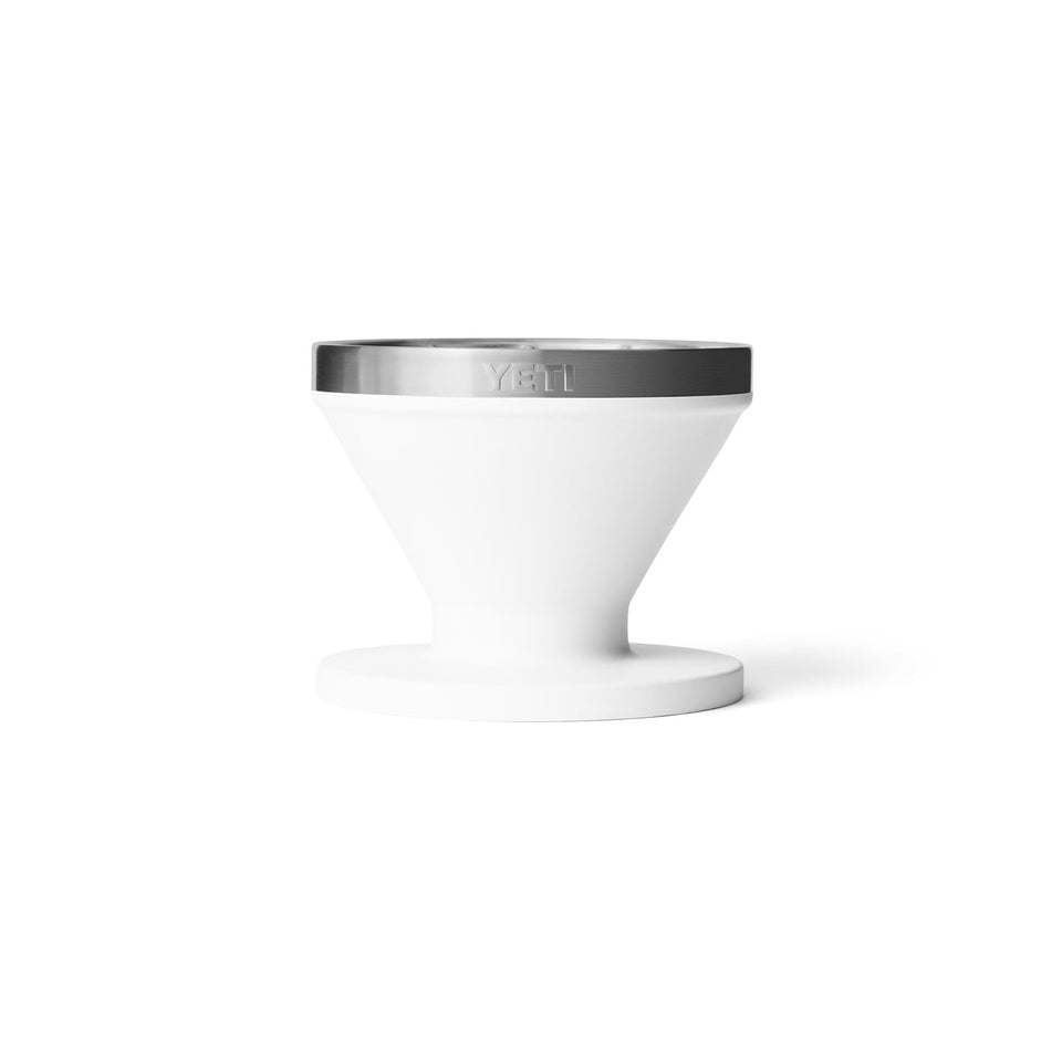 YETI Pour Over accessory on Rambler white for hot coffee outdoors.