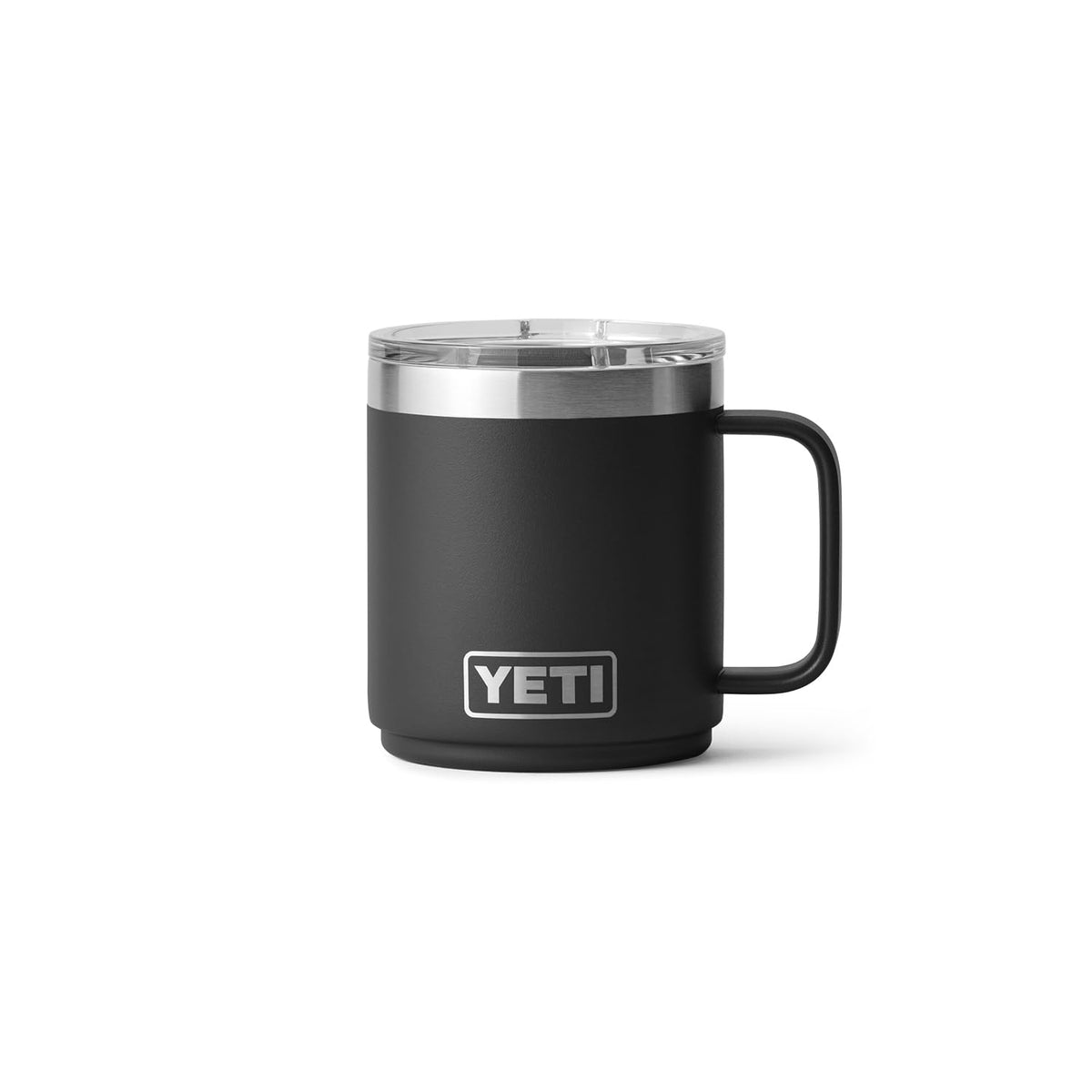 YETI Rambler 10 oz mug handle detail, sturdy stainless steel for daily use.