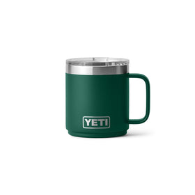 Close-up of Duracoat coating on Black Forest Green mug for durability.