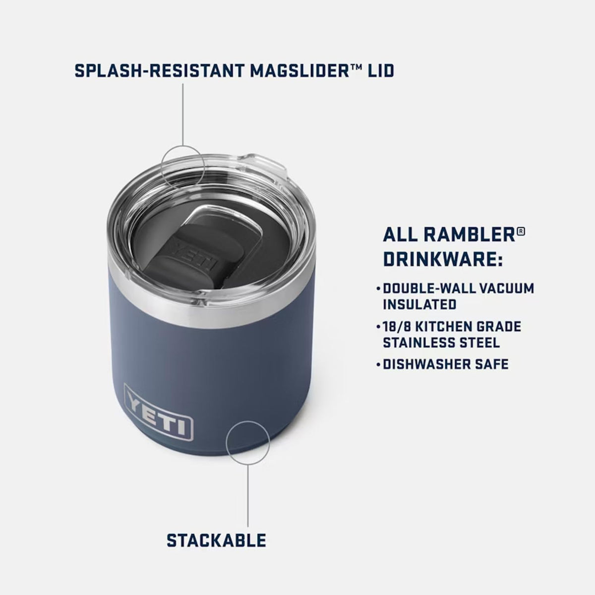 Stackable Lowball 2.0 neatly nests on a shelf to save space.