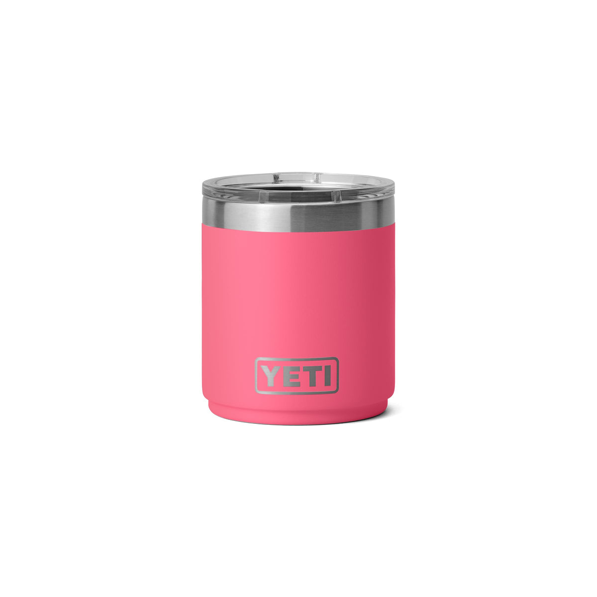 YETI Rambler 10 oz Lowball 2.0, Tropical Pink, front view showing compact stackable design.
