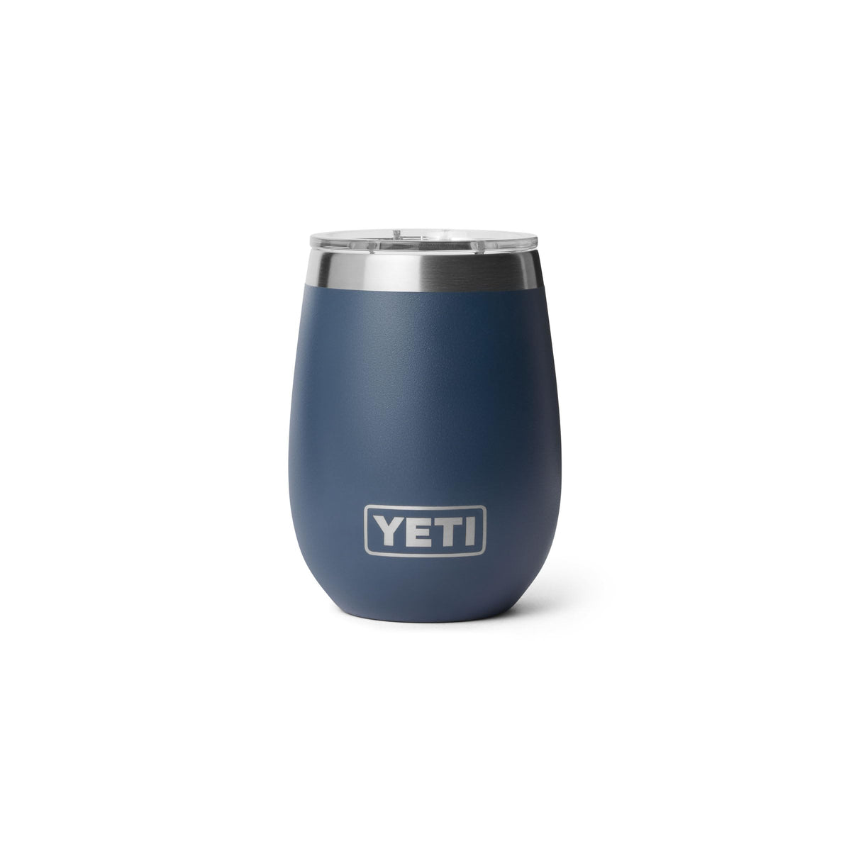 YETI Rambler 10 oz Wine front view in navy, durable exterior for outdoor enjoyment