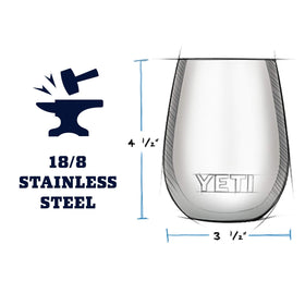 YETI Rambler 10 oz Wine Tumbler closeup highlights durable stainless steel build for rugged use.