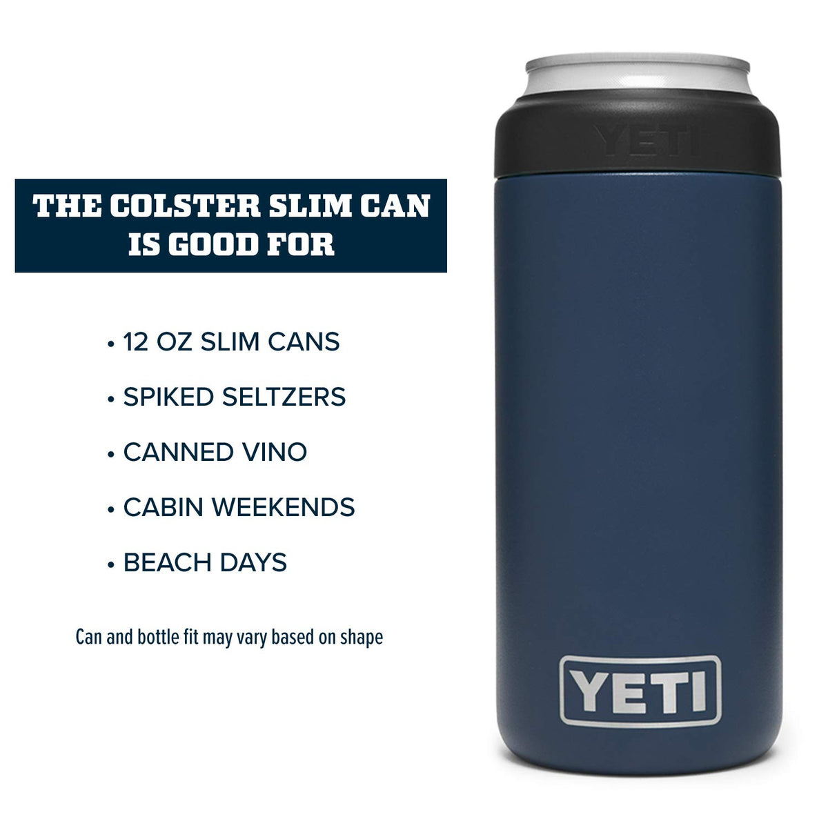 YETI Rambler Colster Navy Duracoat finish resists cracking outdoors.