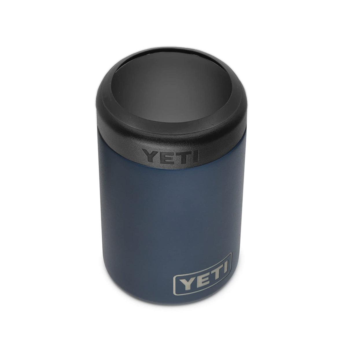 YETI Rambler Colster Navy front view shows rugged steel and secure seal for on-the-go insulation