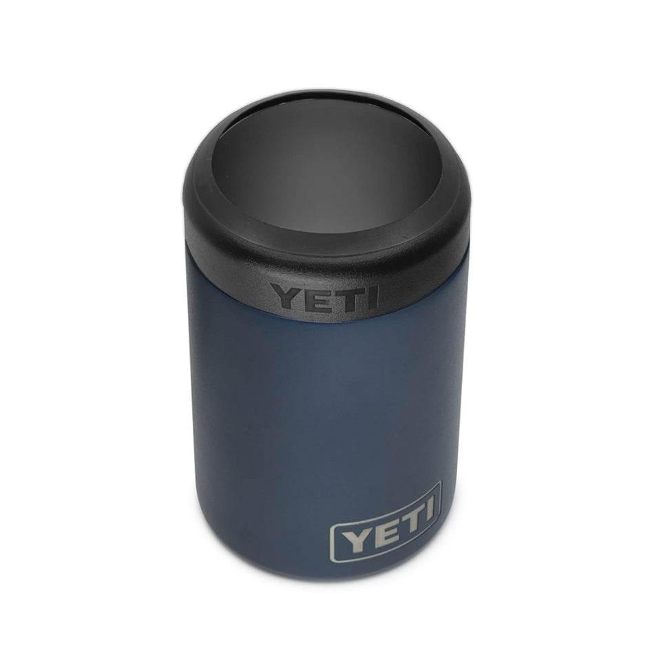 YETI Rambler Colster Navy front view shows rugged steel and secure seal for on-the-go insulation