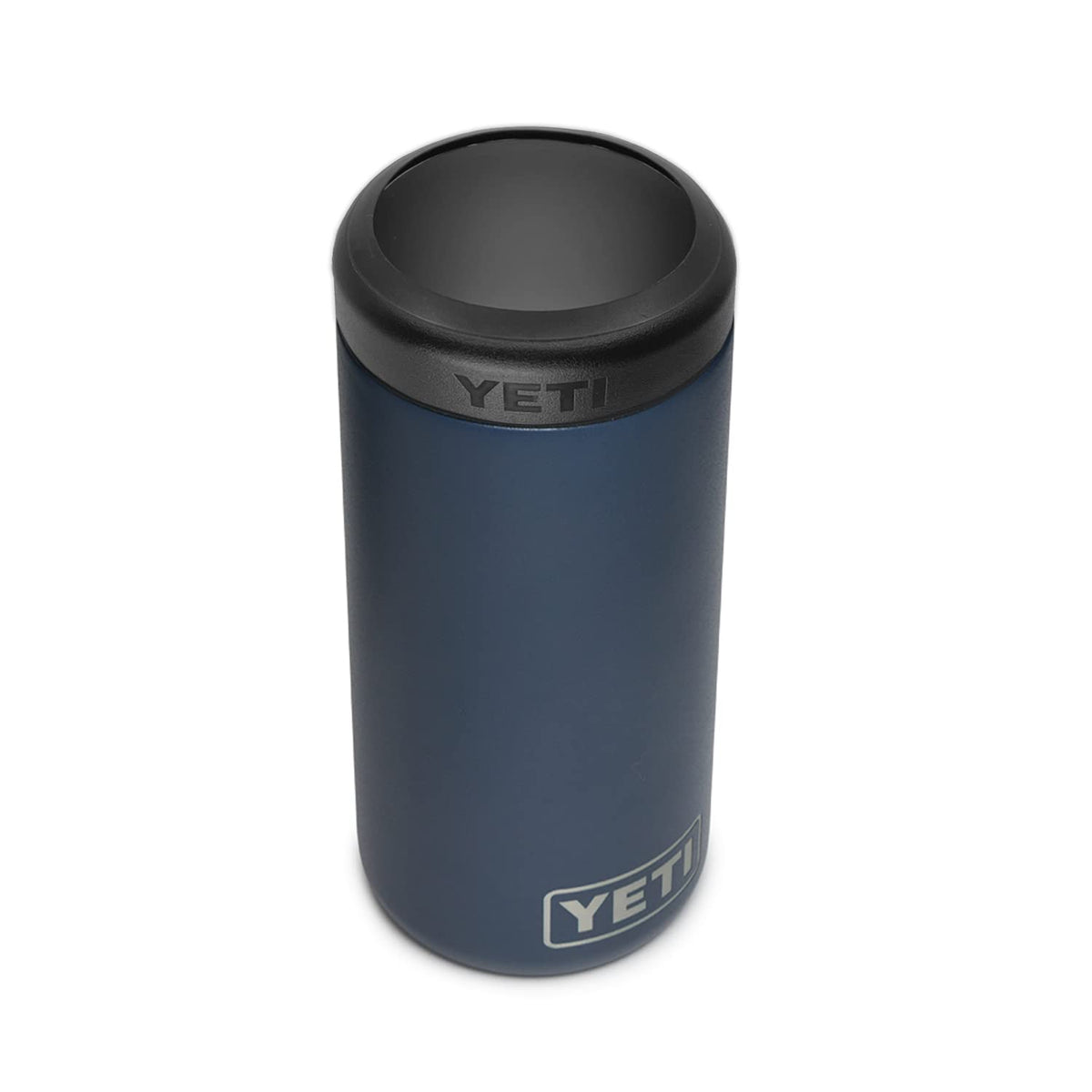 YETI Rambler Colster Navy fits 12 oz slim cans to keep drinks cold.