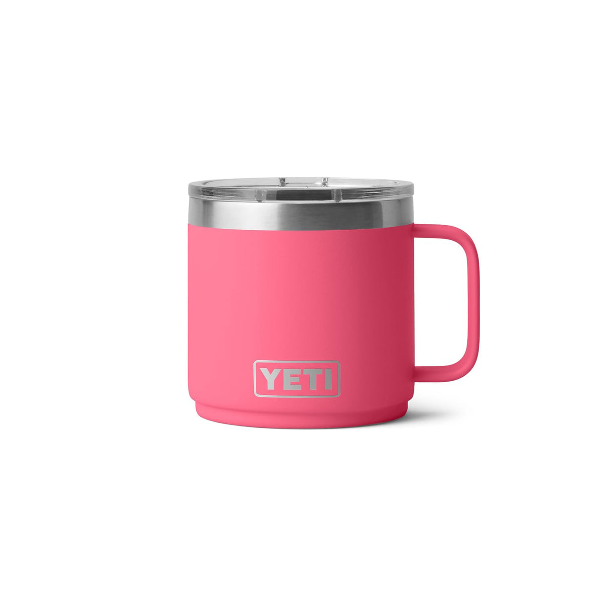YETI Rambler 14 oz insulated mug, tropical pink, keeps beverages hot or cold.