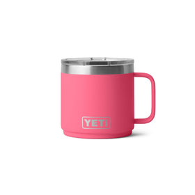 YETI Rambler 14 oz insulated mug, tropical pink, keeps beverages hot or cold.