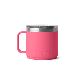 YETI Rambler 14 oz mug, tropical pink, compact and portable for travel.