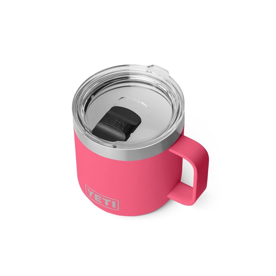 YETI Rambler 14 oz ceramic-lined mug, tropical pink, stackable for compact camping use.