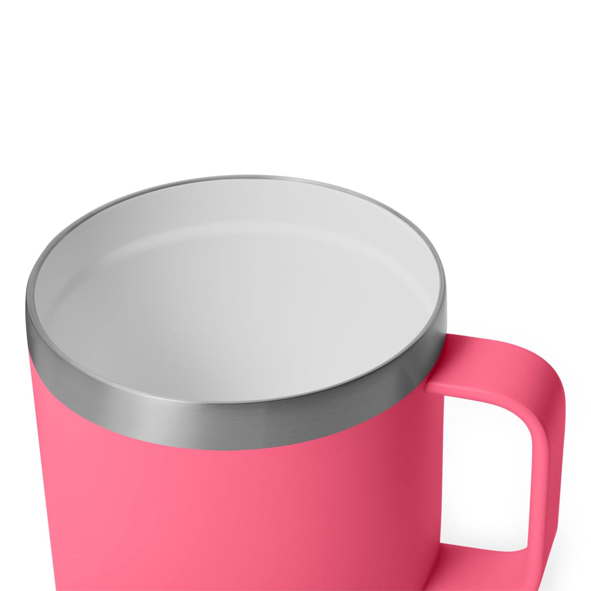 YETI Rambler 14 oz mug with ceramic interior, tropical pink, smooth taste experience.