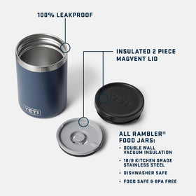 YETI Rambler 16 oz food jar side view emphasizes rugged stainless steel body.