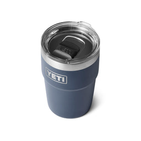 YETI Rambler 16 oz Stackable Tumbler navy interior with ice highlights strong insulation