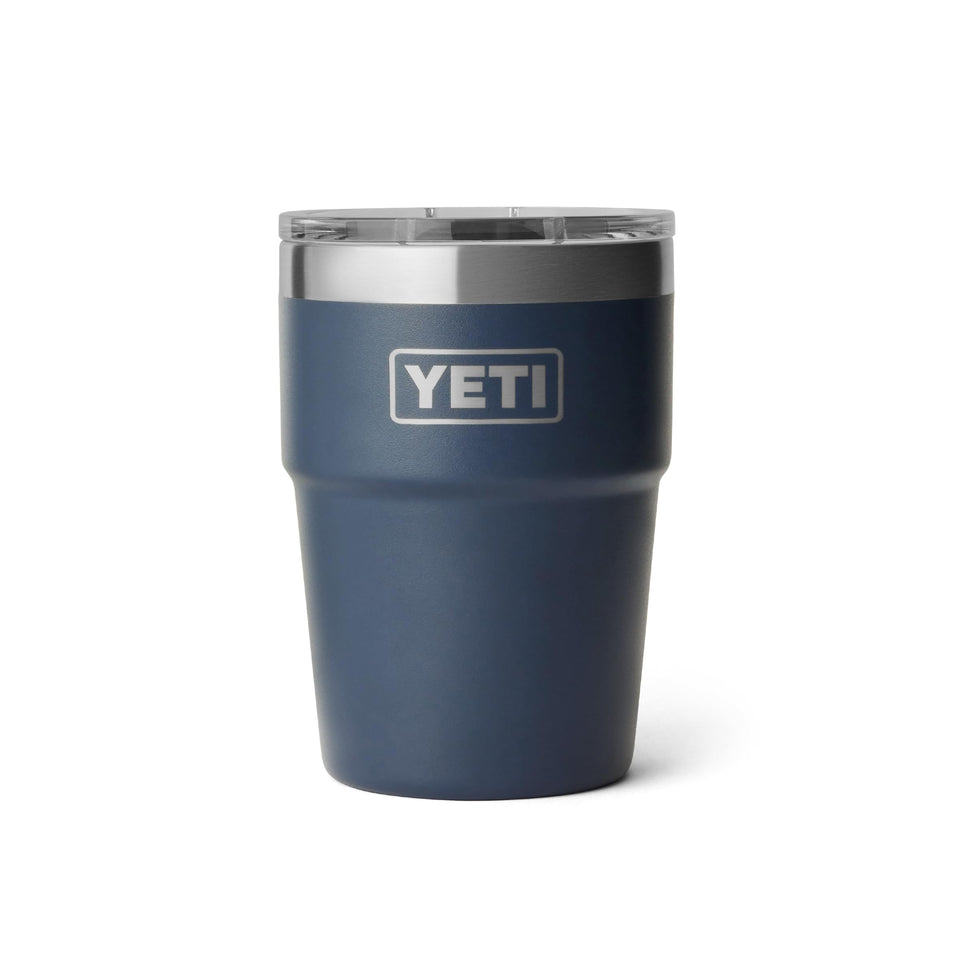 YETI Rambler 16 oz Stackable Tumbler navy side view highlights compact travel-friendly design
