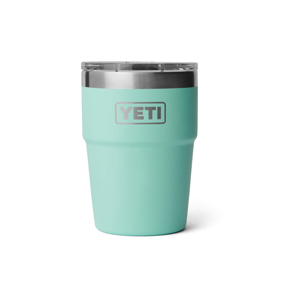 YETI Rambler 16 oz Stackable Tumbler seafoam, side view, ideal for on-the-go coffee.