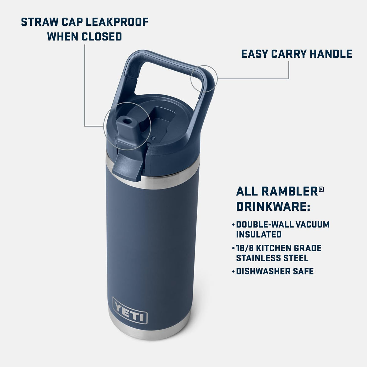 YETI Rambler 18 oz bottle straw cap sealed for secure sips.