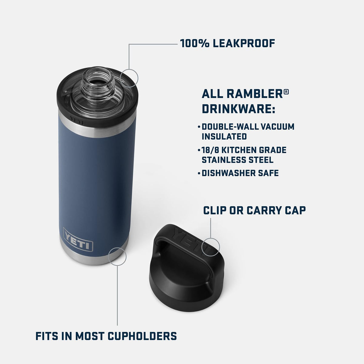 YETI Rambler 18 oz bottle showing vacuum insulation for temperature retention