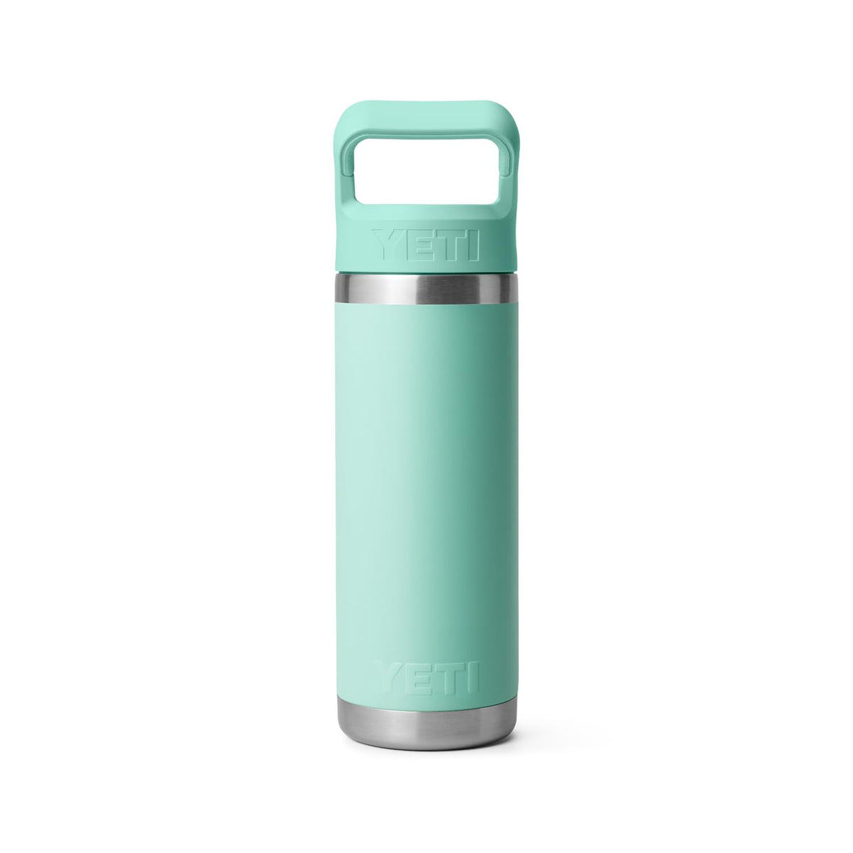 YETI Rambler seafoam detail emphasizes rugged stainless steel finish