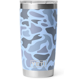 YETI Rambler 20oz Blue Camo front view showing rugged style and easy handling.