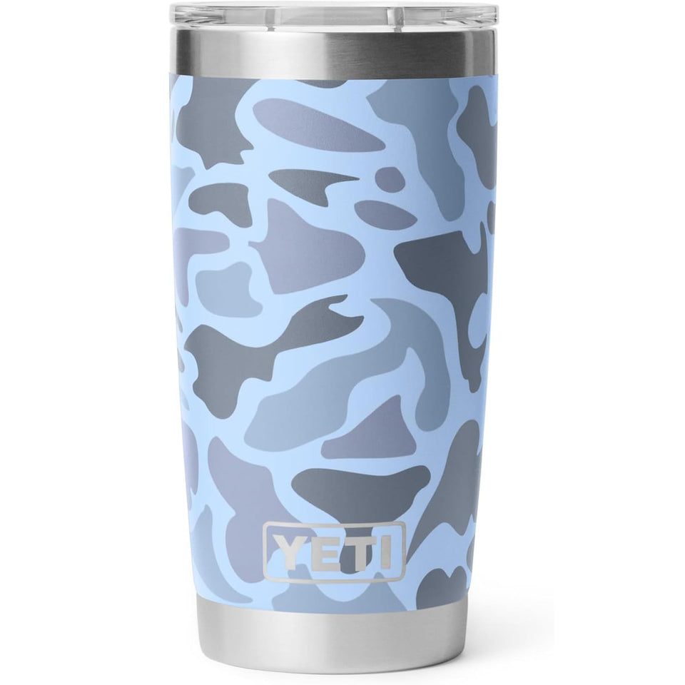 YETI Rambler 20oz Blue Camo front view showing rugged style and easy handling.